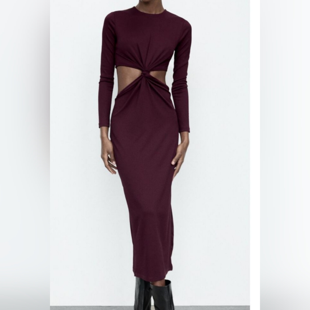 Zara Elegant Burgundy Cut-Out Dress